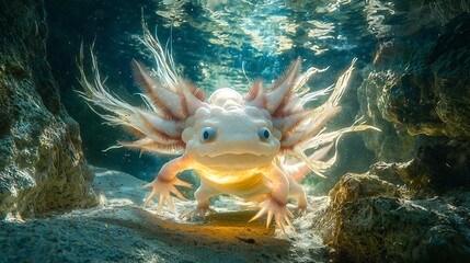 Mystical Axolotl glowing in the depths of a Mexican cenote its delicate feathery gills creating an ethereal underwater glow