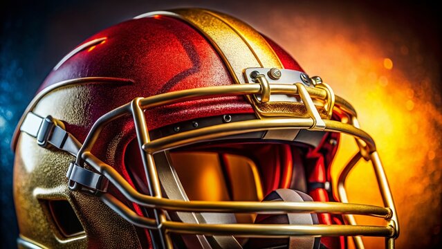 Close-up Macro Shot of Football Helmet Detail, Arrowhead Stadium Inspired, Red and Gold Team Colors