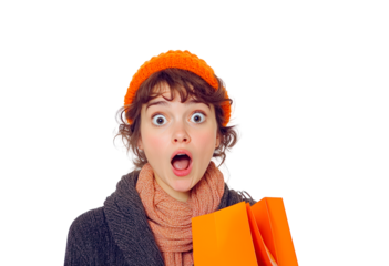 Portrait of excited woman holding shopping bags isolated on transparent background