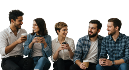 A group of five friends gathers around, smiling and talking as they hold coffee cups. They wear casual attire, exuding a friendly and relaxed vibe while enjoying each other's company