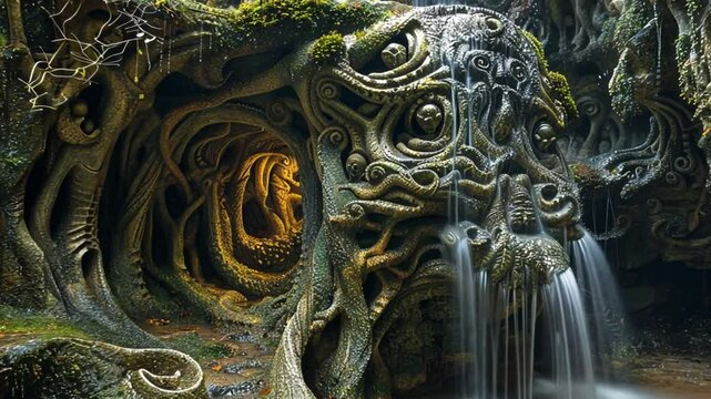 statues around the waterfall that also emit water footage