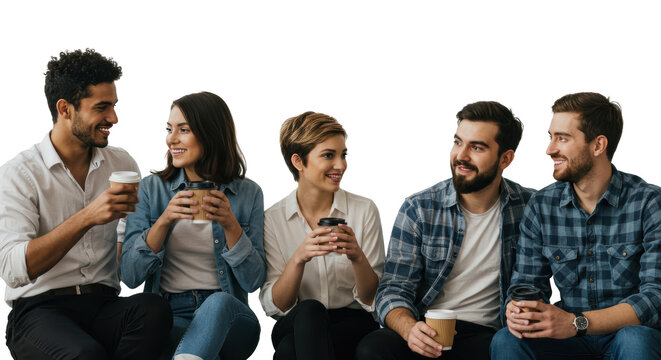 A group of five friends gathers around, smiling and talking as they hold coffee cups. They wear casual attire, exuding a friendly and relaxed vibe while enjoying each other's company