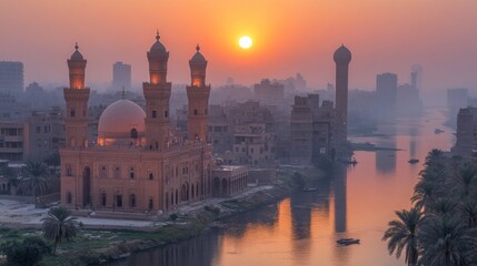 Fototapeta premium Sunrise over a mosque and river in a city