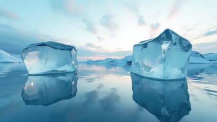 Fototapeta premium Melting ice cubes resting on floating snow in an arctic landscape with calm water 