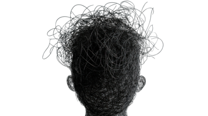 Abstract scribbled head showing chaos and creativity on transparent background