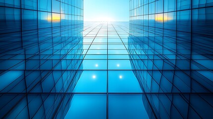 Obraz premium Modern architecture reflecting the sky, featuring geometric glass patterns creating a blue, serene, upward-facing perspective.