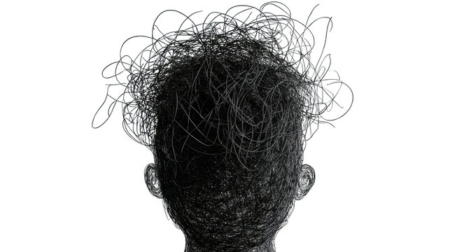 Abstract scribbled head showing chaos and creativity on transparent background