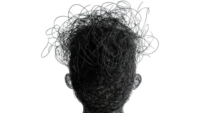Abstract scribbled head showing chaos and creativity on transparent background