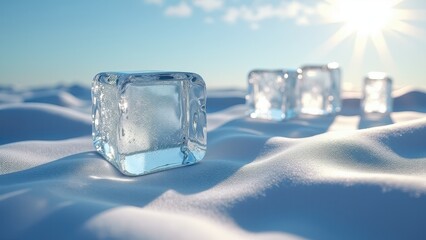 Obraz premium Clear ice cubes melting on fresh snow with sunlight and mountain peaks in background 