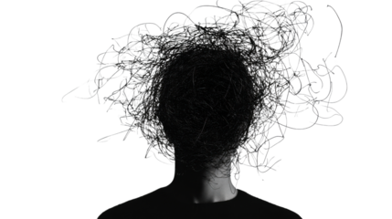 Person with tangled scribble covering face on transparent background