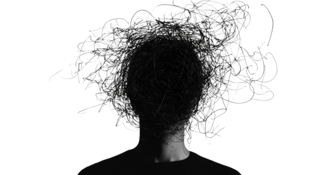 Person with tangled scribble covering face on transparent background