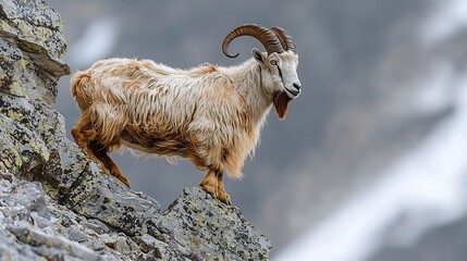 Obraz premium Mystical Markhor goat scaling the rocky cliffs of Pakistan its twisted horns towering against the snow capped peaks