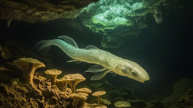 Mystical olm swimming through the underground rivers of Slovenia its pale translucent body illuminated by the dim glow of bioluminescent fungi