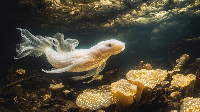 Mystical olm swimming through the underground rivers of Slovenia its pale translucent body illuminated by the dim glow of bioluminescent fungi