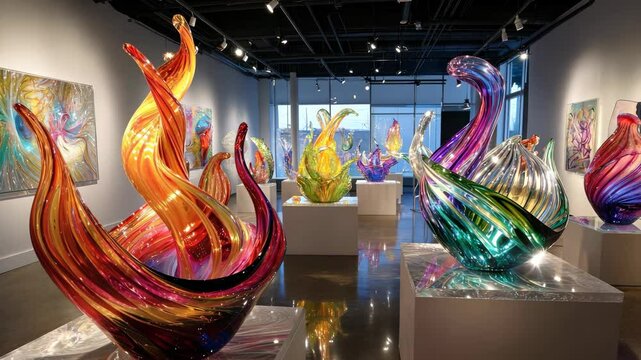 Display of handblown glass sculptures, reflecting vibrant colors and intricate craftsmanship