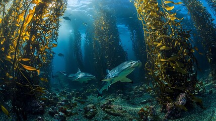 Mystical underwater kelp forest with giant sea bass harbor seals bat rays moray eels and leopard sharks deep blue lighting