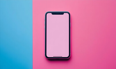 Pink smartphone on blue-pink background. Mockup for app