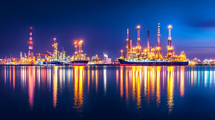 Naklejka premium Illuminated Industrial Refinery at Night with Lights Reflecting on Calm Water Under Blue Sky