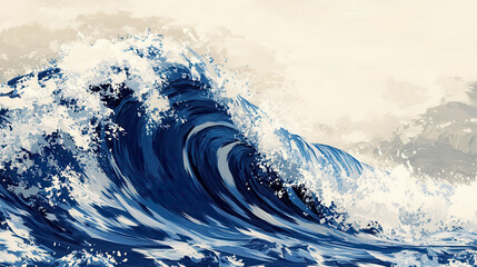 A powerful wave crashing in a minimalist, high-contrast graphic illustration. The crest of the wave is sharp and bold, painted in striking blue and white tones