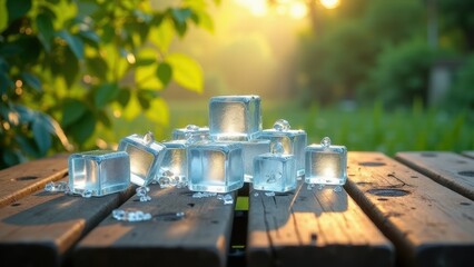 Stack of melting ice cubes on a wooden table with green foliage and sunlight	