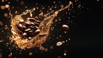 Captivating Coffee Beans and Liquid Splash Perfect for Menu Design and Promotion