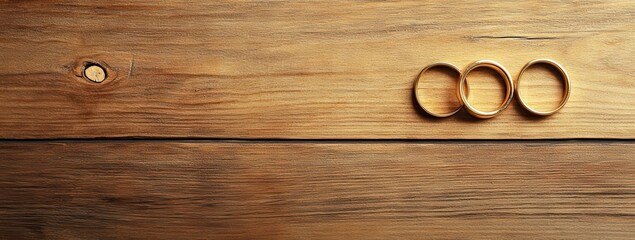 Fototapeta premium Three golden rings on a rustic wooden background.
