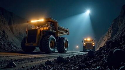 Large mining trucks navigate a dimly lit underground environment driven by operators. The atmosphere highlights the machinery's powerful presence and tireless work during nighttime hours.