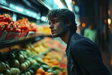 Fototapeta premium Thoughtful Man in Denim Jacket Looking at Produce in Grocery Store Aisle