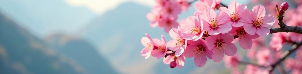 Beautiful pink blossom flowers against a serene mountain backdrop in soft sunlight.