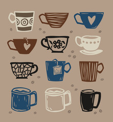 Set of colorful cups, glasses and mugs for coffee and tea, hand drawn in doodle and sketch style. Isolated elements. Vector illustration