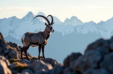 Obraz premium A mountain goat stands majestically on rocky ground overlooking a breathtaking range of snow-covered mountains during the golden hour. Its impressive horns catch the soft light.