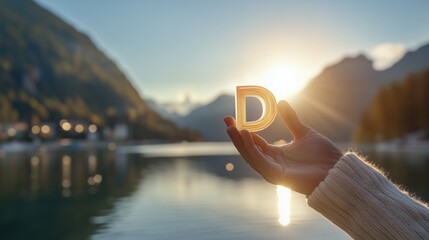 Hand holding glowing letter D with scenic mountain lake background promoting health and wellness