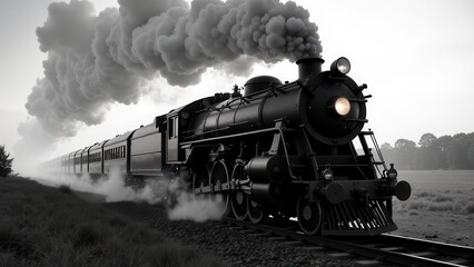 Obraz premium A classic steam locomotive is chugging along the tracks in a misty countryside at dawn. Smoke billows from the engine as the sun begins to rise behind the trees.