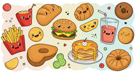 Fototapeta premium A delightful collection of kawaii food characters—burgers, fries, pancakes, and more—smiling cheerfully against a pastel background with simple line art.