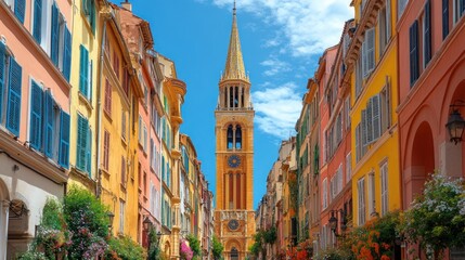 Naklejka premium Vibrant European alleyway with colorful buildings and a bell tower