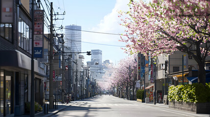 Fototapeta premium Pastel Pink Cherry Blossoms Line Urban Street
