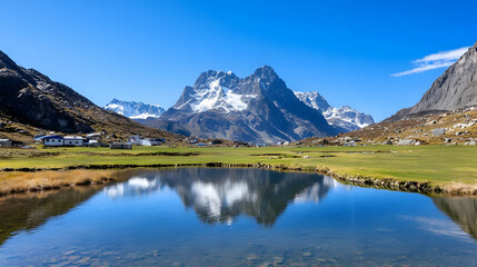 Fototapeta premium Alpine Lake Reflecting Snowy Peaks