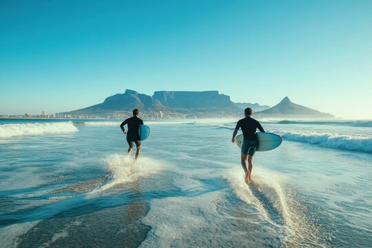Two surfers run towards ocean waves with surfboards on a sunny day.