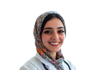 Portrait of a young female doctor in a white coat and hijab with stethoscope isolated on transparent background