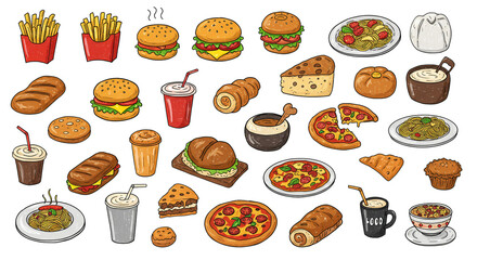 A vibrant collection of delicious fast food and casual dining options, featuring burgers, pizzas, pasta, and pastries in a cheerful hand-drawn style with bold outlines and bright colors.