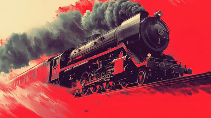 A classic steam locomotive moving at full speed, depicted in a bold, graphic illustration style
