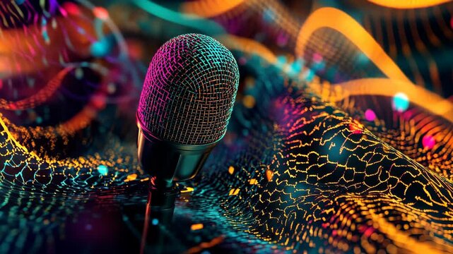 microphone surrounded by colorful soundwaves, dynamic and vibrant composition, sharp details, futuristic and artistic atmosphere, stylish and bold focus
