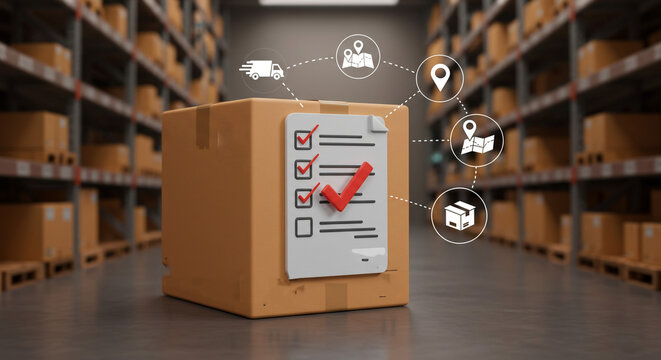 Secure package delivery, meticulously tracked from warehouse to doorstep, with efficient route planning and delivery confirmation icons shown digitally.