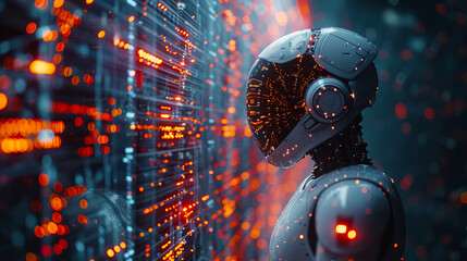 Futuristic Robot AI Studying Digital Data Stream Advanced Technology Neon Lights Sci Fi Artificial Intelligence Modern Robotic