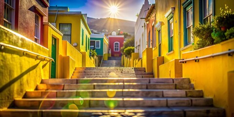 Fototapeta premium Colorful Bo-Kaap Staircase in Cape Town, South Africa with Beautiful Bokeh