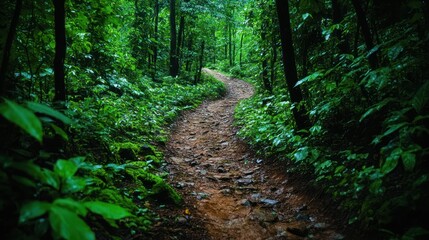 Lush, winding path through a dense, green forest.  A wet, rocky trail meanders into the heart of a vibrant jungle