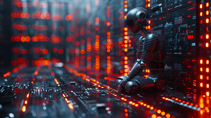 Futuristic Robot Meditating in Digital Space Advanced Technology Red Lights Network Data Center Artificial Intelligence Cybernetic