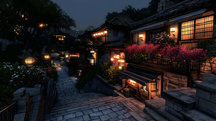 Nighttime View Of An Asian Village With Illuminated Buildings Along A Cobblestone Street and Pink Blossoms