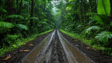 Obraz premium Moisture clings to the ground, reflecting the surrounding verdant environment