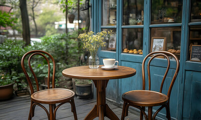 Obraz premium Cozy caf? scene with a wooden table, two empty chairs, a cup of coffee, and a flower vase outside a charming shop